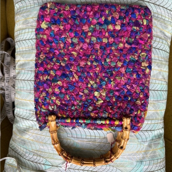 Handcrafted Multicolor felted wool and ribbon Satchel with Wooden Handle - Picture 2 of 2